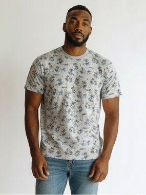 Goodfellow & Co Tropical Palm Tree T Shirt Gray Blue All Over Print Casual Tee